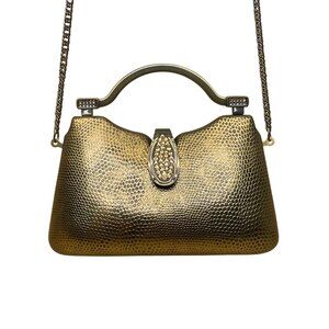 Gold-Tone Structured Chain Strap Metallic Embossed Pattern Evening Handbag